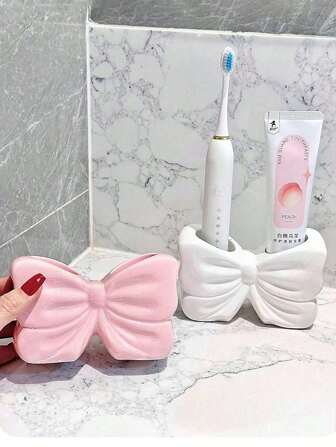 1个北欧风不对称蝴蝶结牙刷架，电动牙刷支架，化妆品收纳架，浴室台面装饰，家居桌面配件，时尚房间装饰，家居装饰，节省空间收纳，厨房，浴室，卧室配件，浴室装饰，秋季装饰，返校季装饰