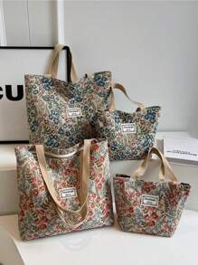 1pc Floral Print Canvas Tote Shoulder Bag, Portable Storage Commuter Bag Student Large Capacity Tote Bag, Embroidered Flower Shoulder Bag, Waterproof Canvas Travel Shoulder Bag, Suitable For Office, School, Travel, Mothers Going Out To Class Commuting Large Capacity, Portable, Suitable For Female College Students, Very Suitable For Back To School, First Day Of School, Middle School, High School, Shopping, Vacation