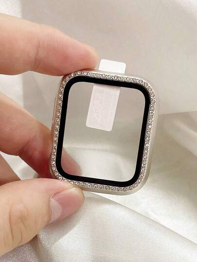 1pc Starry Rhinestone Decor Fashionable Scratch-Resistant 2-In-1 Ultra-Thin Tempered Glass Screen Protector Watch Case, Compatible With 38/40/41/42/44/45/46/49mm Series Ultra/SE/11/10/9/8/7/6/5/4/3/2/1, Smartwatch Accessories
