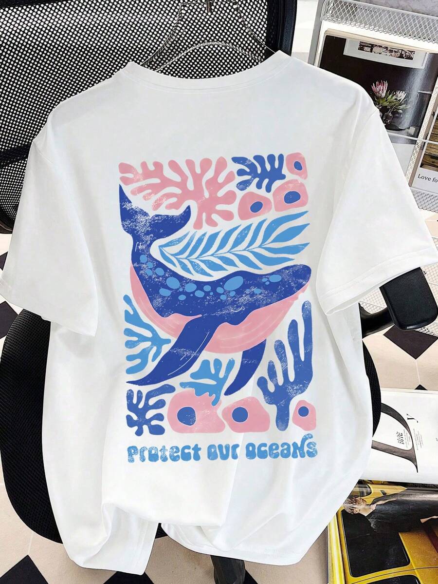 T-shirts graphiques à imprimé sur le thème de la vie marine pour adolescentes, hauts d'été pour adolescentes avec encolure ras-du-cou