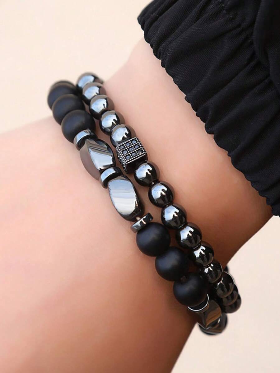 2pcs Fashionable Versatile Black Agate Beaded Bracelets For Men - Black - View 1