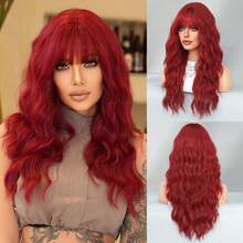 7JHH WIGS 24 Inch Gorgeous Hot Red Long Straight Wig For Women, Fluffy Synthetic Wig With Bangs Dark Roots Hair, Natural Looking Very Soft Synthetic Heat Resistant Fiber Hair Wig Accessories, Full Machine Beautiful Wig For Girls Music Festival Party Street Wear, Halloween Cosplay Anime Or Costume Use - 紅色 - 查看 11