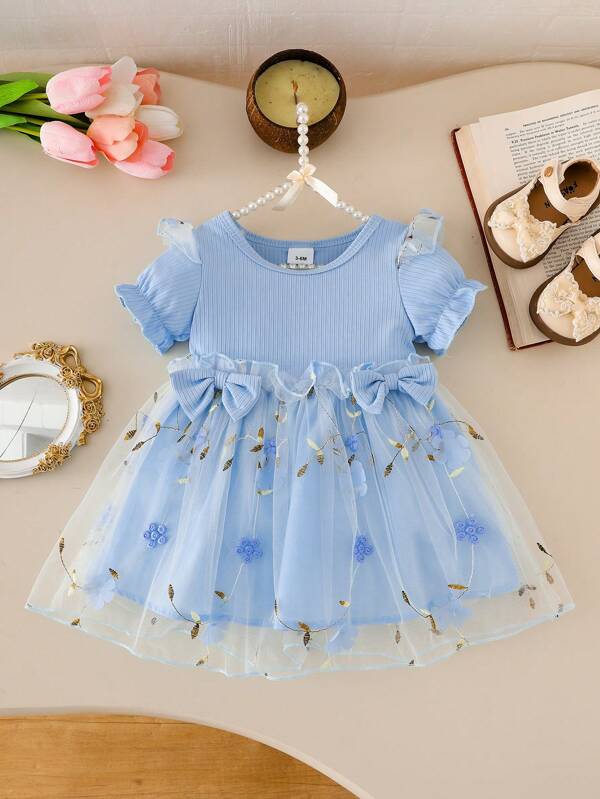 Nouvelle robe d'été pour bébé fille avec fleurs brodées sur filet, manches courtes