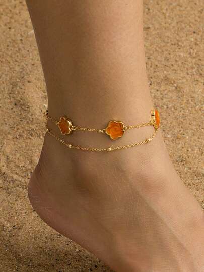 1 件夏日海滩时尚新款甜美幸运橙色油滴五叶草多层脚链，适合女士，节日礼物（第二层珠子数量随机，约 6-7 件）