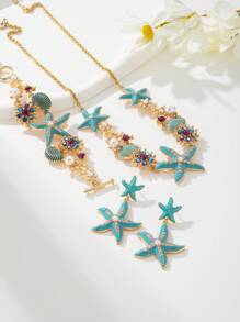 1pc Short Beach Style Enamel Starfish, Coral, Rhinestone, Sea Shell & Faux Pearl Necklace, Suitable For Women To Wear At The Beach