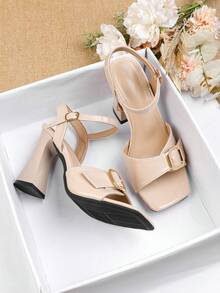 Women's Elegant Peep Toe Buckle Strap Chunky Heeled Sandals, Apricot,Summer Shoes - Apricot - View 6