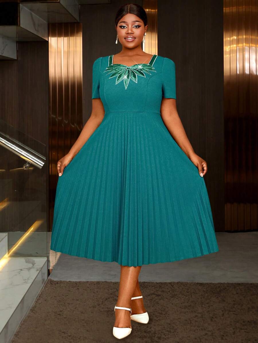 Plus Elegant Pleated Dress, Modest Work Wear Sequined Flower Swing A Line Classy Spring Outfits For Women, Party Dress, Wedding Guest Dress