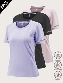 Conjunto de 3 camisetas esportivas de verão para mulheres, camisas de manga curta respiráveis e de secagem rápida para corrida, fitness, ioga, ideais para corrida, tênis, ciclismo