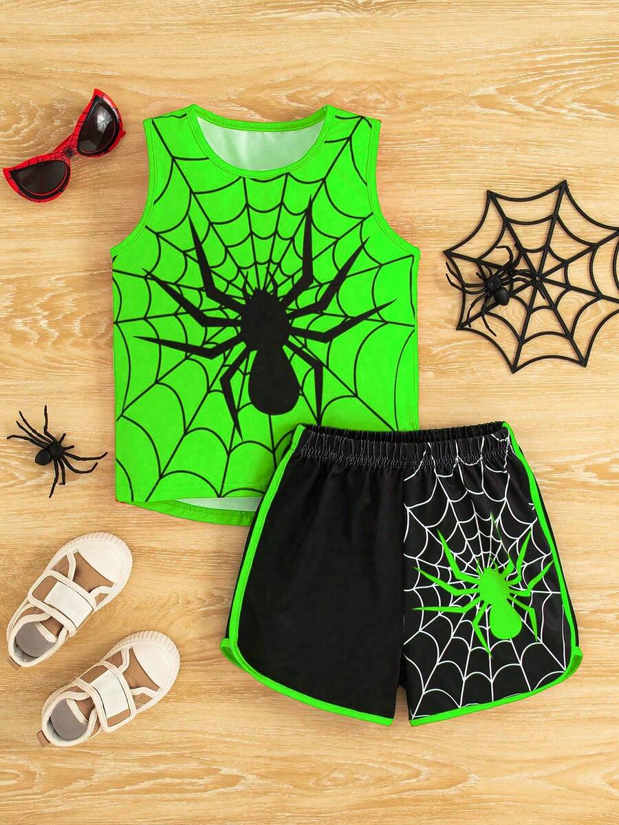 2pcs/Set Young Boy Summer Spider Print Round Neck Top And Shorts Set, Korean Style - Green - View 1