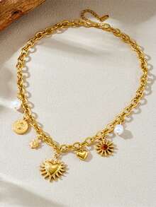 1 pieza Collar retro de acero inoxidable con colgante con forma de insecto y corazón con gema incrustada - Dorado - Ver 3