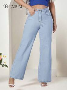 Women's Wide Leg Jeans, High-Rise, 100% Premium Cotton, Wide Leg, Marbled Blogger - 淺色水洗藍 - 查看 6