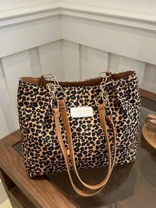 时尚条纹手提包 - 女士大容量单肩包 - 日常使用的拉链托特包 - 金属链条托特包 简约链条单肩托特包 适合少女、女大学生、新人及白领人士 非常适合办公室、工作、商务、通勤 最适合女性的工作包 猎豹印花