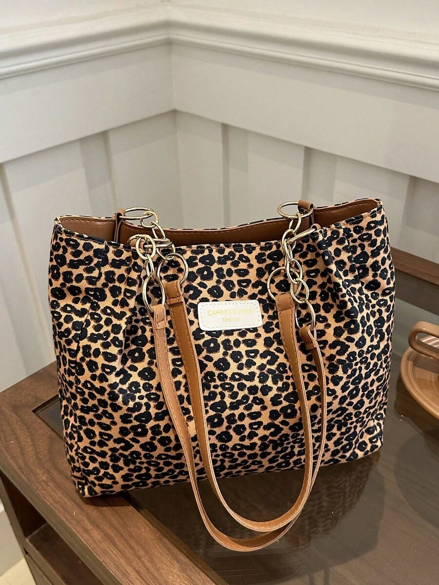 时尚条纹手提包 - 女士大容量单肩包 - 日常使用的拉链托特包 - 金属链条托特包 简约链条单肩托特包 适合少女、女大学生、新人及白领人士 非常适合办公室、工作、商务、通勤 最适合女性的工作包 猎豹印花