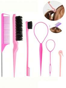 Juego de 8 piezas de herramientas para peinado de color rosa - Botella rociadora, peine de cola, cepillo cardador, herramientas de bucle y horquillas para trenzar y peinados DIY