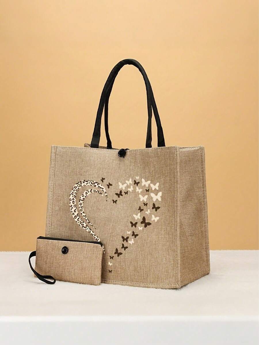 2 Pieces Pink Butterfly Print Tote Bag Set, Jute With Stylish Pattern, Including Handy Coin Purse, Perfect For Shopping, Travel & Beach Adventures,Multifunctional Women's Bag, Suitable For Daily, Travel, Shopping, Work, Gift Giving - Khaki - View 1