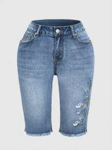 Embroidered Mid-Length Shorts, Floral & Leaf Print, Denim Fabric, Pocket Design, Raw Hem, Button Closure, Spring/Summer