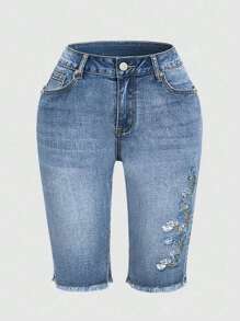 Embroidered Mid-Length Shorts, Floral & Leaf Print, Denim Fabric, Pocket Design, Raw Hem, Button Closure, Spring/Summer