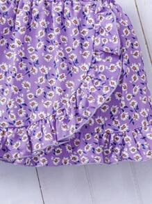 Conjunto de vacaciones para niña: Camiseta azul con estampado floral menudo con decoración floral en 3D + Falda con volantes y estampado floral menudo, estilo dulce para niñas, apropiado para actividades al aire libre y sesiones de fotos, talla 4-7 años, primavera/verano