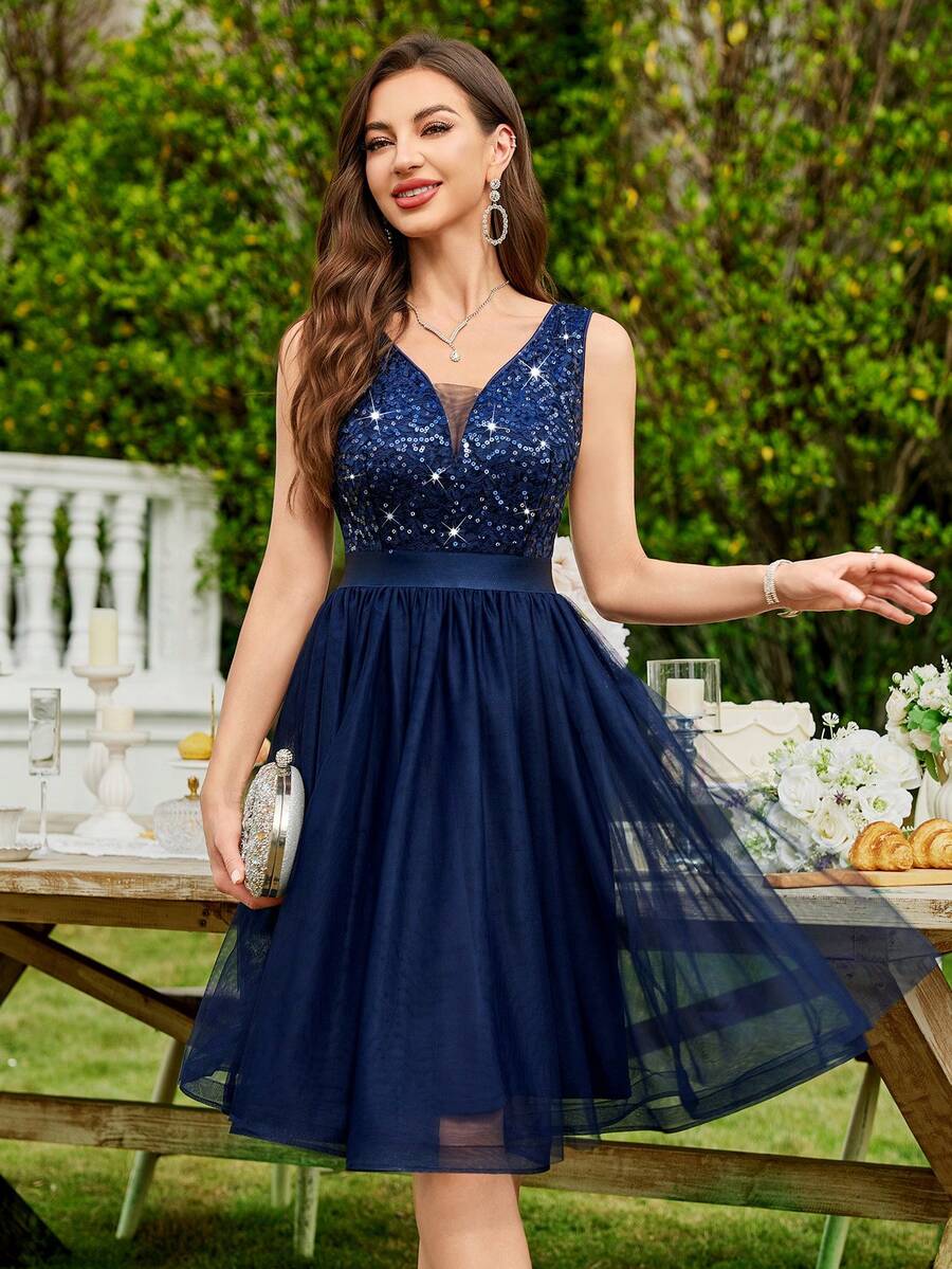 MIUSOL Rochie de cocktail cu decolteu adânc în V, dantelă cu paiete, plasă contrastantă, tiv cu volane, îmbrăcăminte de vară pentru femei, rochie formală strălucitoare, potrivită pentru petrecere de ziua de naștere, ceremonie de absolvire, cină de gală și alte ocazii
