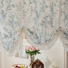 1pc Linen-Looking Blue Floral Print Curtain With White Ruffle Trim, Adjustable And Expandable Design, Adds Stylish Home Decor