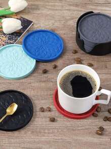 6pcs/Set Thick Solid Color Minimalist Silicone Round Coaster With Holder, Anti-Heat Anti-Slip Mats For Wine Glass, Coffee, Kitchen, Dining Table, Party, Festival, Picnic