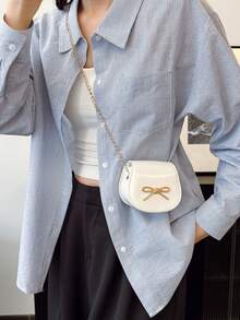 1pc Women's Fashion Structured Shoulder Bag, Bow Flap Crossbody Bag, PU Leather Holographic Mini Purse, Suitable For All Seasons - A - View 6