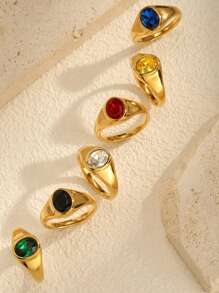 1pc Retro Stainless Steel Green, Red, Yellow, Blue, White, Black Zirconia Gold Color Rings, Vintage Style Women Jewelry, Suitable For Summer