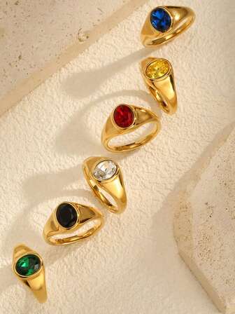 1 قطعة خاتم من الفولاذ المقاوم للصدأ بألوان الأخضر والأحمر والأصفر والأزرق والأبيض والأسود، مطلي بالذهب الأبيض، مجوهرات نسائية بطراز كلاسيكي مناسب للصيف
