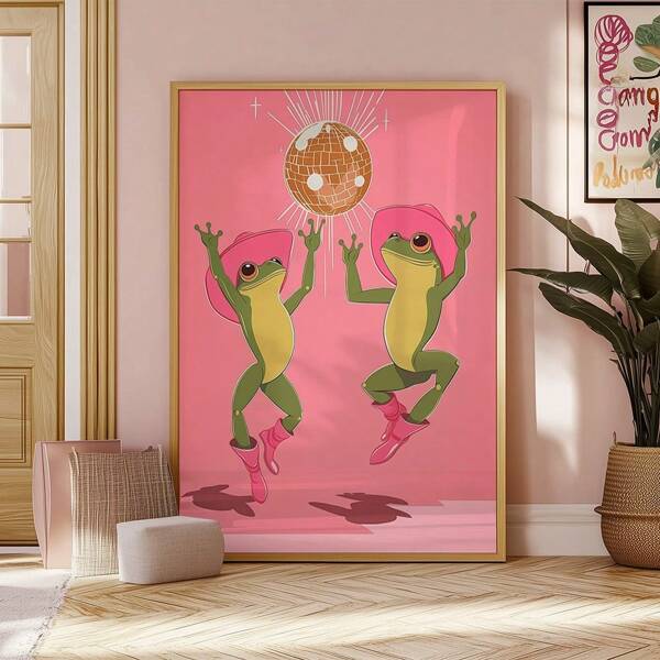 Impresión de arte de rana bailarina de estética occidental, arte de pared rosa sin marco para decoración de vaquera