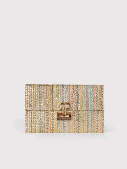 حقيبة قش للنساء بغطاء وقفل دوار، حقيبة يد أو حقيبة سهرة