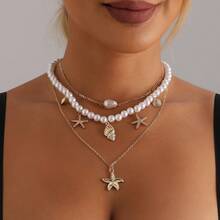 2pcs Bohemian Pearl Beaded Necklace With Seashells & Starfish, Vintage Style For Ladies Beach Resort - Multicolor - View 1