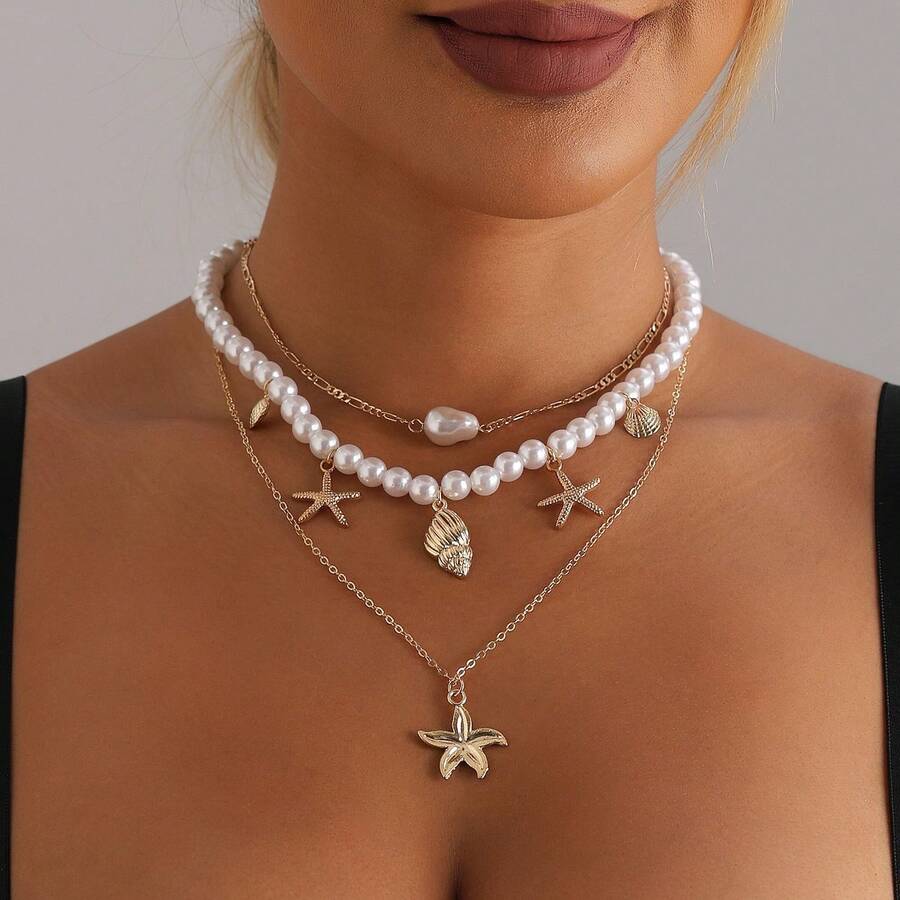 2pcs Bohemian Pearl Beaded Necklace With Seashells & Starfish, Vintage Style For Ladies Beach Resort - Multicolor - View 1