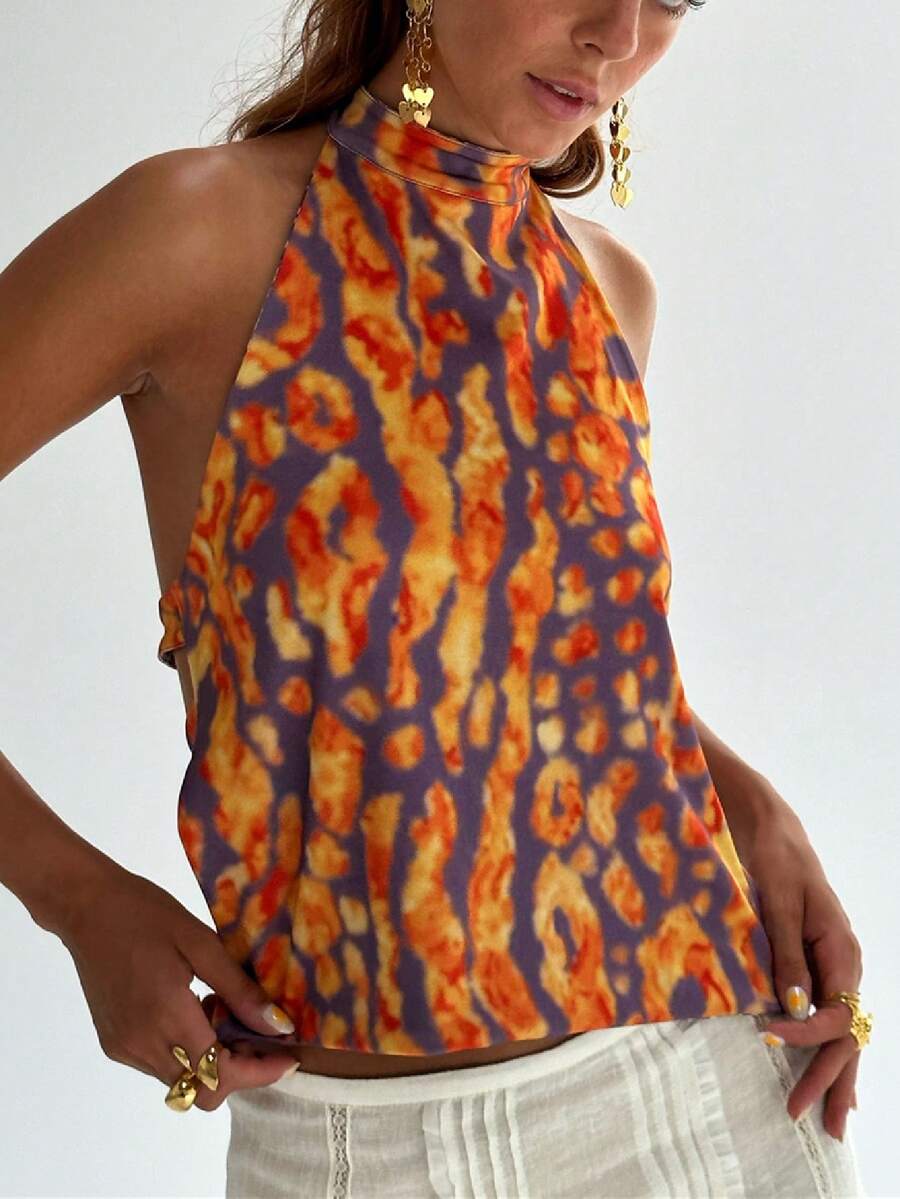 Women Y2k Floral Tie Top Coquette Boho Bow Backless Sleeveless Tank Top Summer Going Out Cami Top Fairy Streetwear - 橘色 - 查看 1