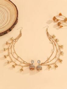 1 Set Elegant Jhumka Earrings Suit, Detachable With Rhinestone, Bell, Faux Pearl & Tassel Earrings Accessories, 4-In-1 Long Necklace Jewelry, Suitable For Women's Daily, Festival, Wedding And Party Wear/Bridal Jewelry/Gift