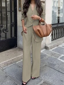 女士休闲通勤条纹夹克、裤子、背心三件套西装套装，春夏