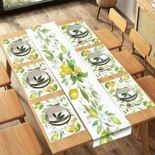 1pc/5pcs/7pcs, Home Decor, Summer Style Lemon Pattern Polyester Printed Table Runner With 6 Placemats - Polyester, Rectangle, Holiday Decorative Fabric Table Runner, Home Decor, Kitchen & Dining Table Decoration, Room Decor, Table Runner