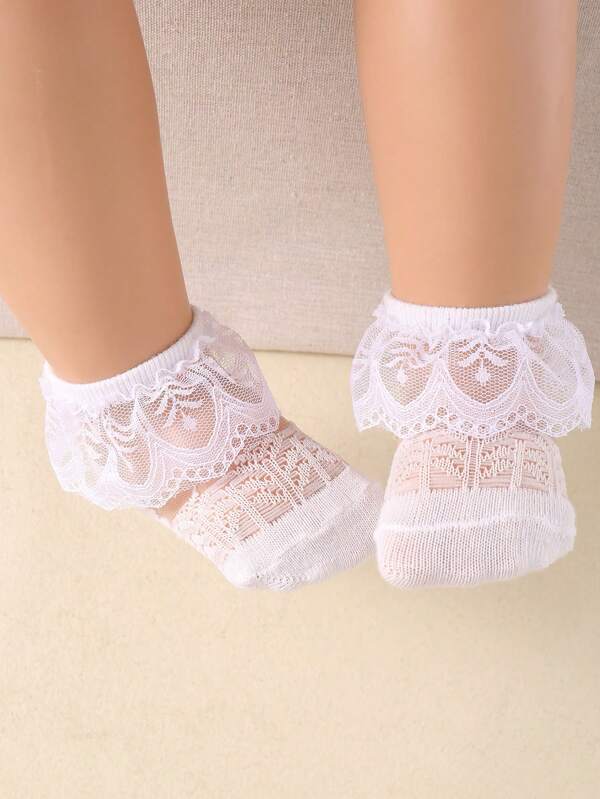 1 Pair Toddler Lace Trim Crystal Ice Silk Summer Thin Breathable Short Socks, Suitable For Flower Girl Basket Wedding