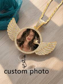 1 pieza Collar personalizado con foto redonda y alas, colgante de foto personalizado, colgante de foto personalizado "Tus alas están listas" para joyería personalizada, regalo de Navidad muy memorable, oro, plata, elegante, colorido, vintage, simple, unisex, casual, lindo, personalizado, único, regalos ideales para él, regalos ideales para ella, ella, novio, novia, papá, mamá, familia, amigos, para aniversarios, para cumpleaños, para graduación, para baile de graduación, para fiestas, otoño elegante, joyería y relojes, collares de foto de moda personalizados