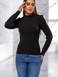 Cacharrel Women's Modal Knit Long Sleeve Ribbed Blouse - 黑色 - 查看 1