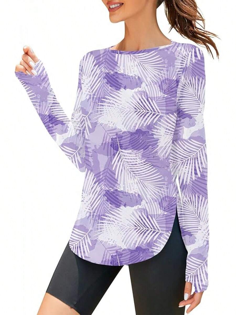 ZHENWEI Women's Long Sleeve Sun Shirt UV Protection Workout Tops Lightweight UPF 50+ Golf Gym Hiking Shirts Outdoor Clothing - 白藍葉印花 - 查看 1