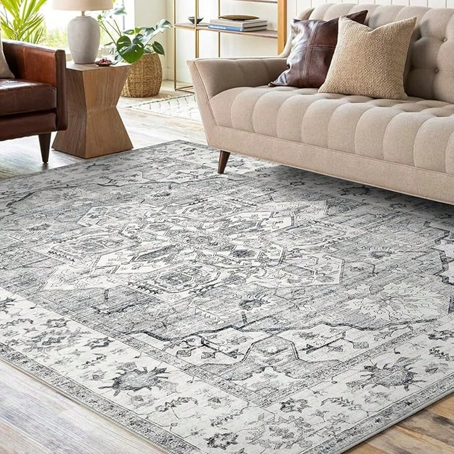 Rugs Living Room, 200x300cm Grey Washable Rug For Bedroom, Large Area Rugs Short Pile Kitchen Rug, Non Slip Vintage Carpet Faux Fur Rug For Dining Room Office - Grey - View 1