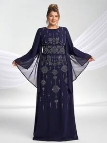 YISIKADO Vestido largo elegante de noche con mangas abullonadas, cuello redondo y patrón retro con rhinestones para mujer de talla grande, vestido largo recatado con mangas largas para fiesta y baile - Azul Marino - Ver 5