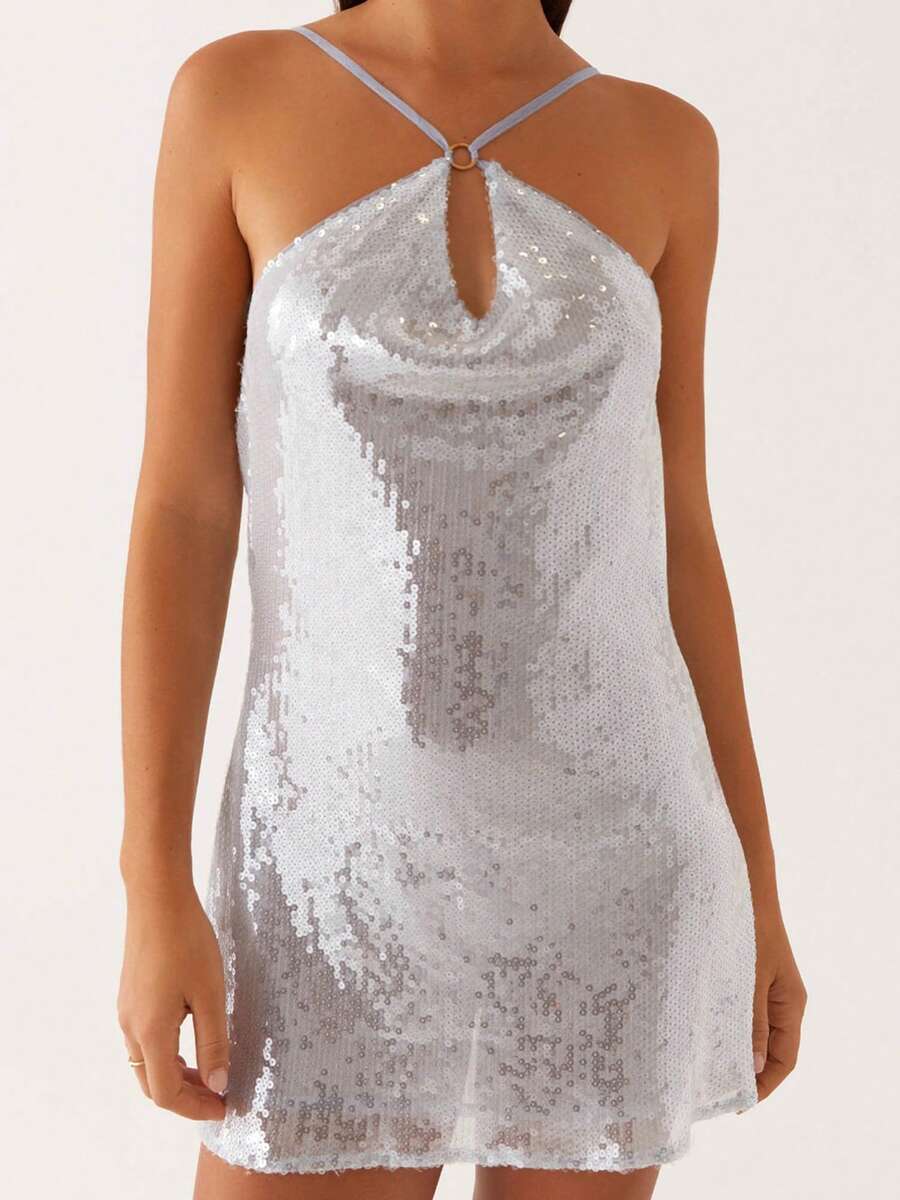 Womens Y2K Sequins Mini Dress Sleeveless Spaghetti Strap Backless Dress Summer Club Party Dress - 銀色 - 查看 1