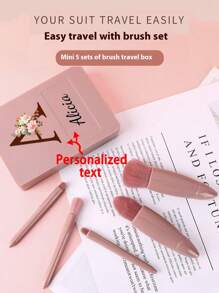 Customizable Portable 5 Brush Makeup Travel Set With Mirror, Mini Multi-Function Loose Powder Brush, Foundation Brush, Shadow Box With Mirror