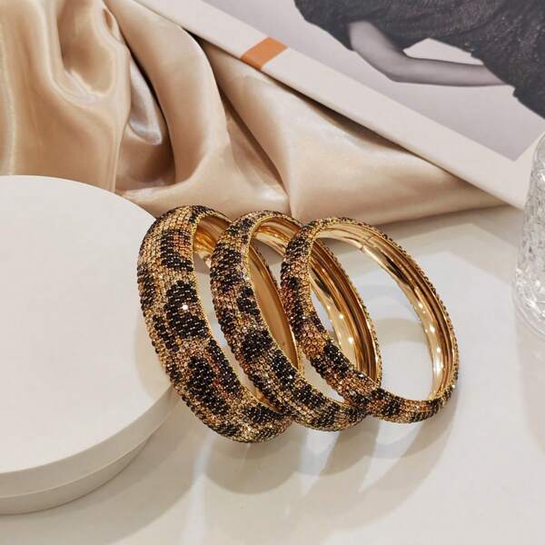3pcs Fashion Luxury Rhinestone Geometric Round Metal Bangle Bracelets, High-End Jewelry For Women Party