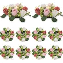 1 pièce Composition florale de centre de table de mariage - Couronne de fleurs artificielles roses avec bougie, couronne de printemps/été pour porte d'entrée, cérémonie - Bougeoir de fleurs artificielles feuilles, couronne florale en soie rose avec support de bougie, petites fleurs en plastique pour décoration de mariage, bouquet de mariée, décoration de centre de table, jardin, cour, mariage, anniversaire, douche, décoration de chambre esthétique, salle de classe, bureau, balcon, centre commercial, Saint-Valentin, cadeau