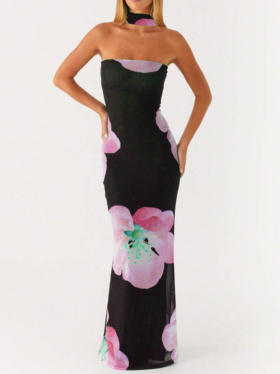 Womens Floral Strapless Dress With Scarf Y2k Backless Sleeveless Tube Maxi Long Dresses Sexy Mesh Bodycon Summer Beachwear - Black Pink - 查看 1