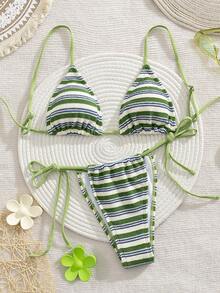 PEPPERMOLLY New Soft Striped Terry Cloth Adjustable Strap Criss-Cross Back Sexy Bikini Set, Women's Summer Beach Fashion Swimwear - Green - View 3