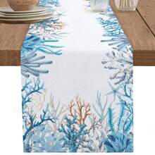 Summer Coastal Blue Coral Starfish Table Runner Dresser Scarves Table Decor Reusable Farmhouse Kitchen Dining Table Runner Holiday Party Decorations - Multicolor - View 1