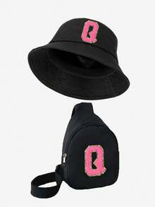 2 Pieces Letter Children's Bucket Hat, Stylish Simple Visor With A Shoulder Crossbody Bag, Suitable For Boys And Girls To Go Out Everyday.